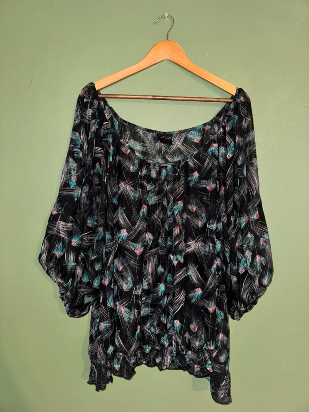 Vintage Y2K Torrid Black Sheer Feather Print Blouse Bubble Sleeve 3X